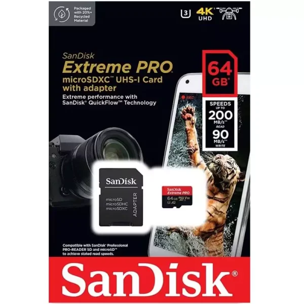 کارت حافظه microSDXC سن دیسک مدل Extreme PRO کلاس A2 استاندارد UHS-I U3 سرعت 200MBPS ظرفیت 64 گیگابایت به همراه آداپتور